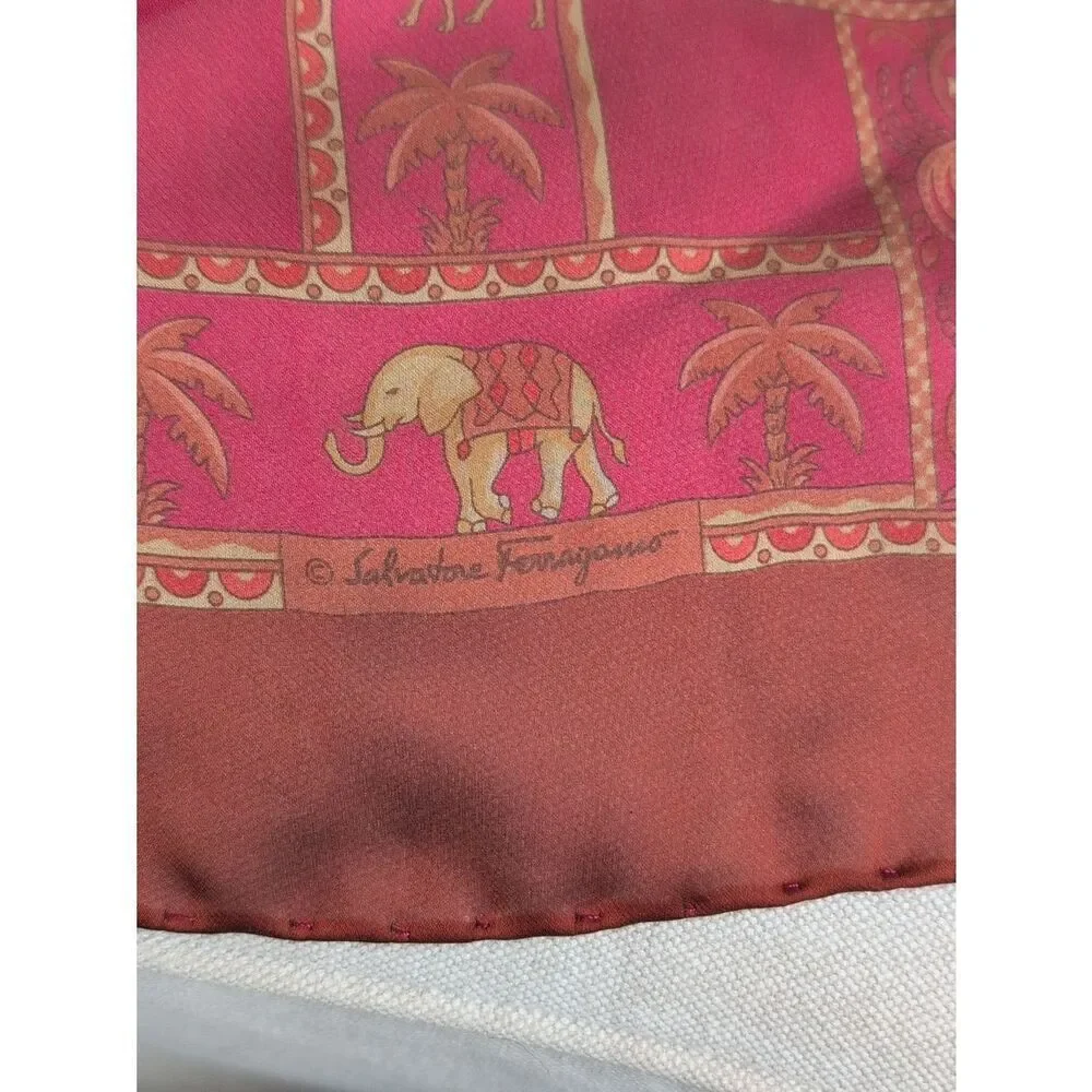 Salvatore Ferragamo Burgundy Silk Striped Floral Scarf with Elephants and Camels